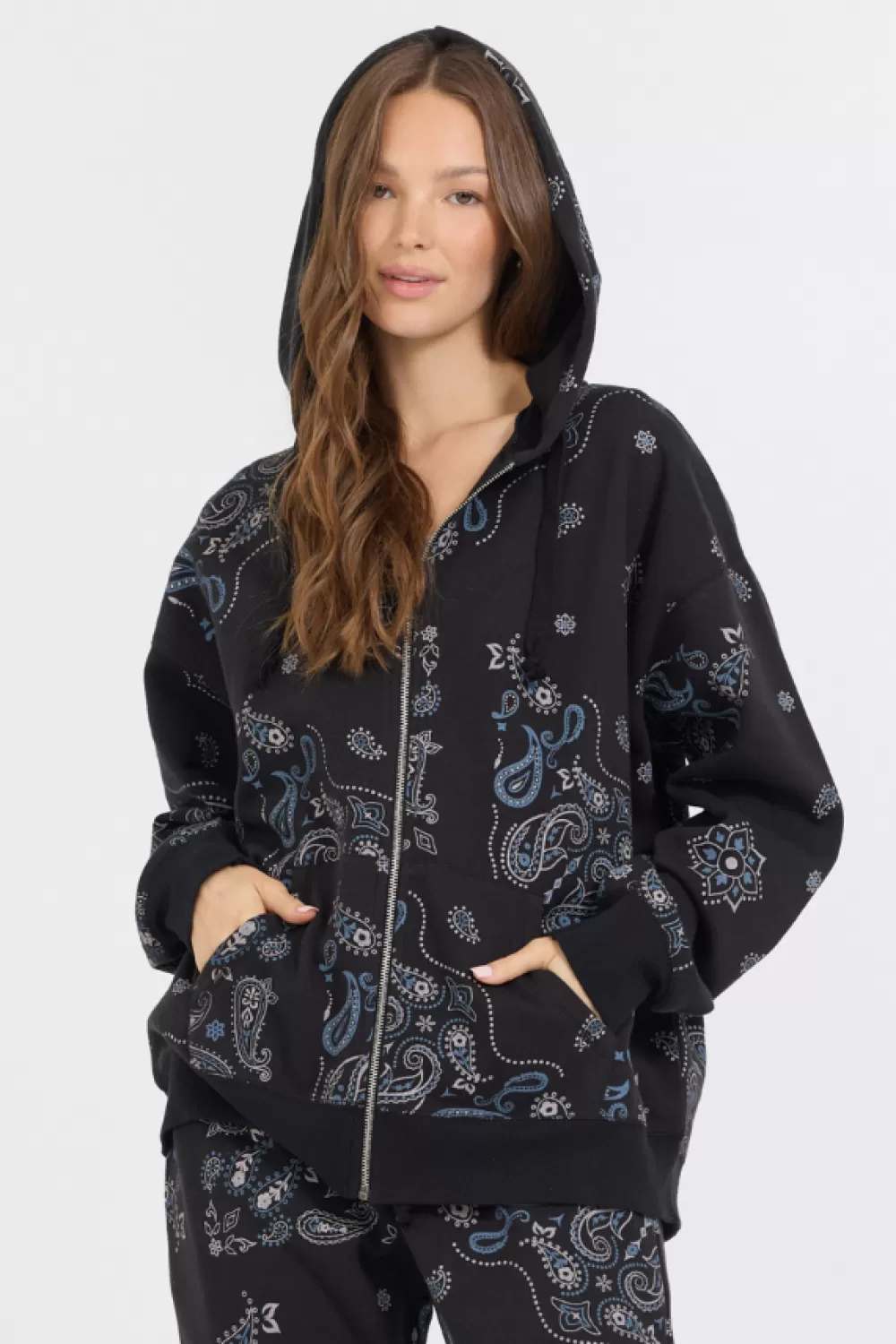 Vintage Havana Black Bandana Printed Fleece Oversized Zip Up