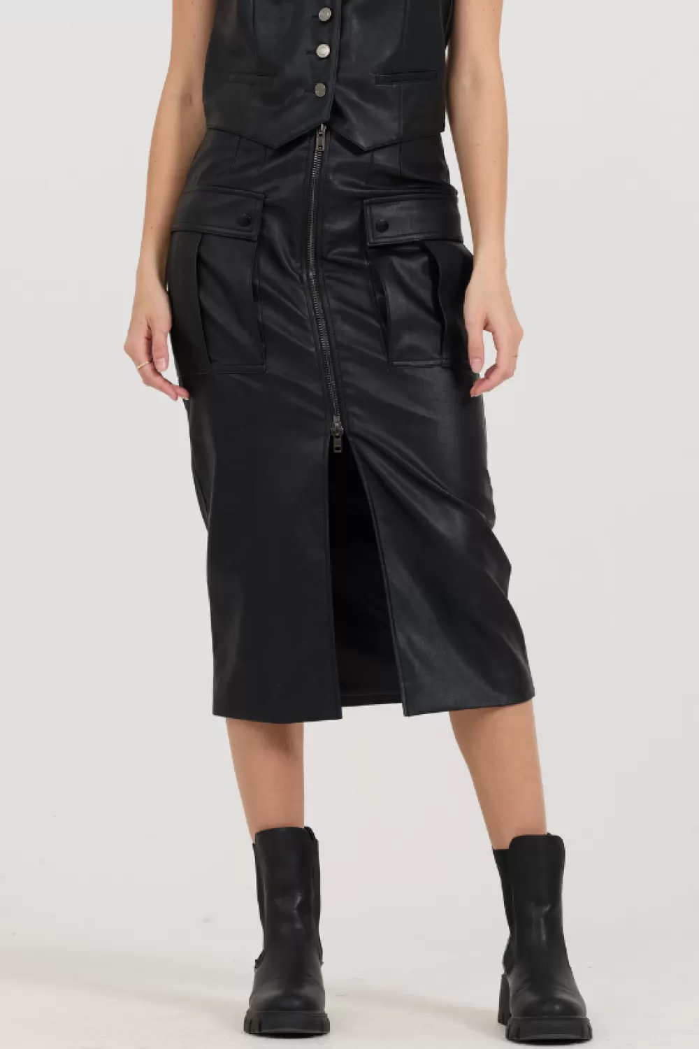 Vintage Havana Black Leather Zip Front Midi Skirt