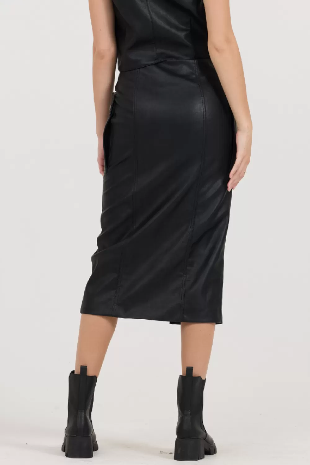 Vintage Havana Black Leather Zip Front Midi Skirt