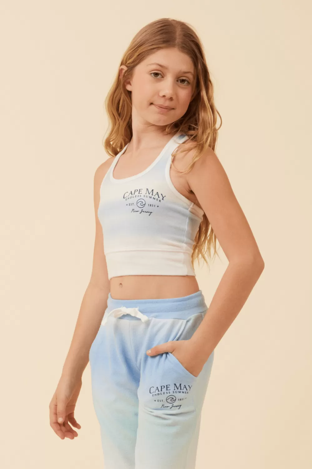 Kids Vintage Havana Blue Skies Ombre Tie Dye Brushed Hacci Racerback Crop Top