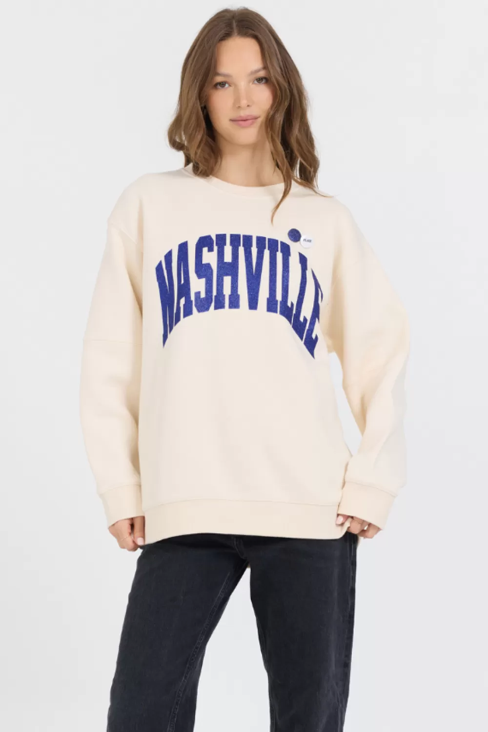 Vintage Havana Cream W/ Royal Blue Garment Dye Fleece Crew W/ Glitter Print