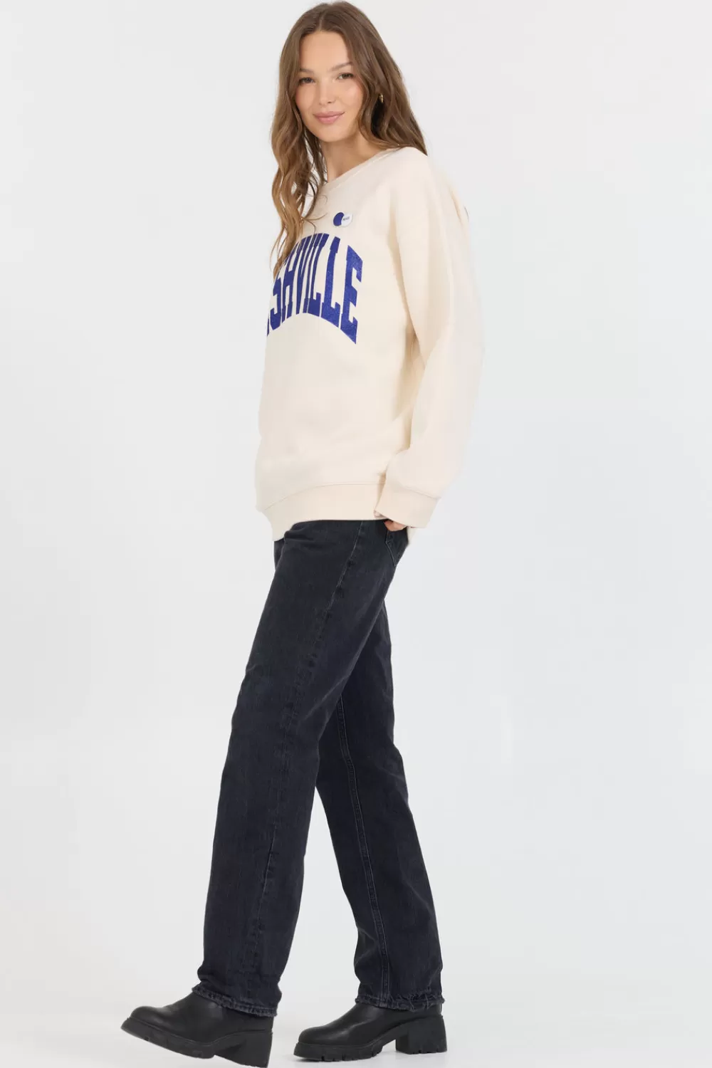 Vintage Havana Cream W/ Royal Blue Garment Dye Fleece Crew W/ Glitter Print