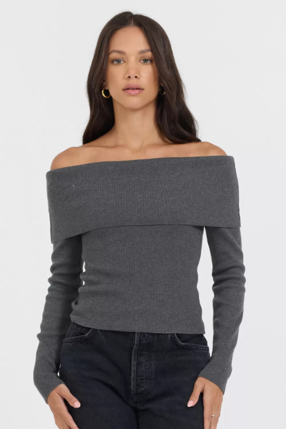 Vintage Havana Heather Charcoal Off Shoulder Sweater