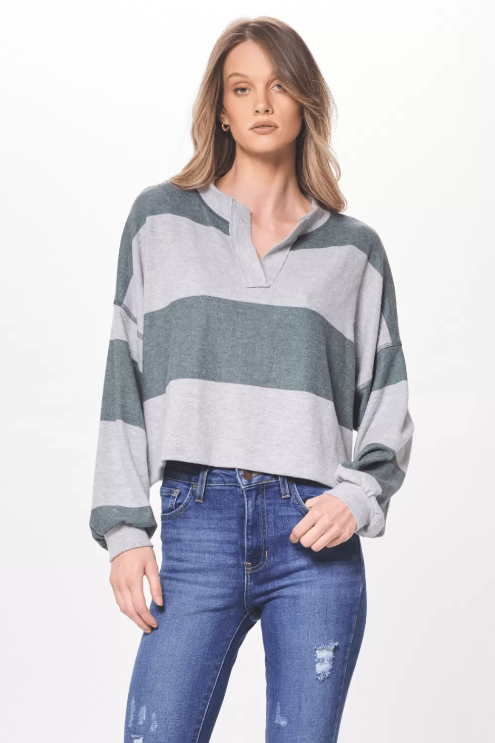 Vintage Havana Heather Grey & Hunter Green Striped Rugby Long Sleeve Top