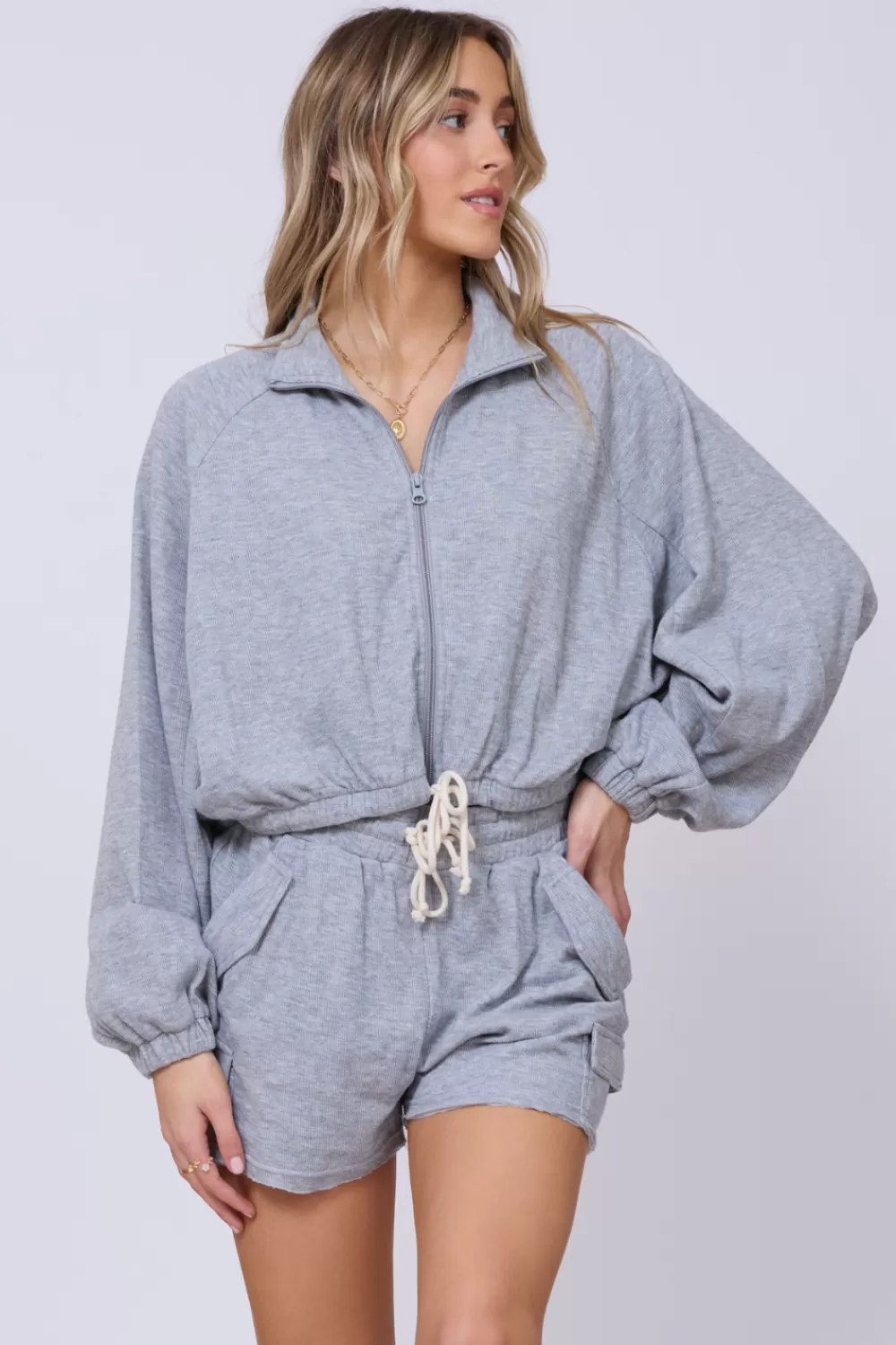 Vintage Havana Heather Grey Bounded Textured Jersey Zip Up W/ Tie