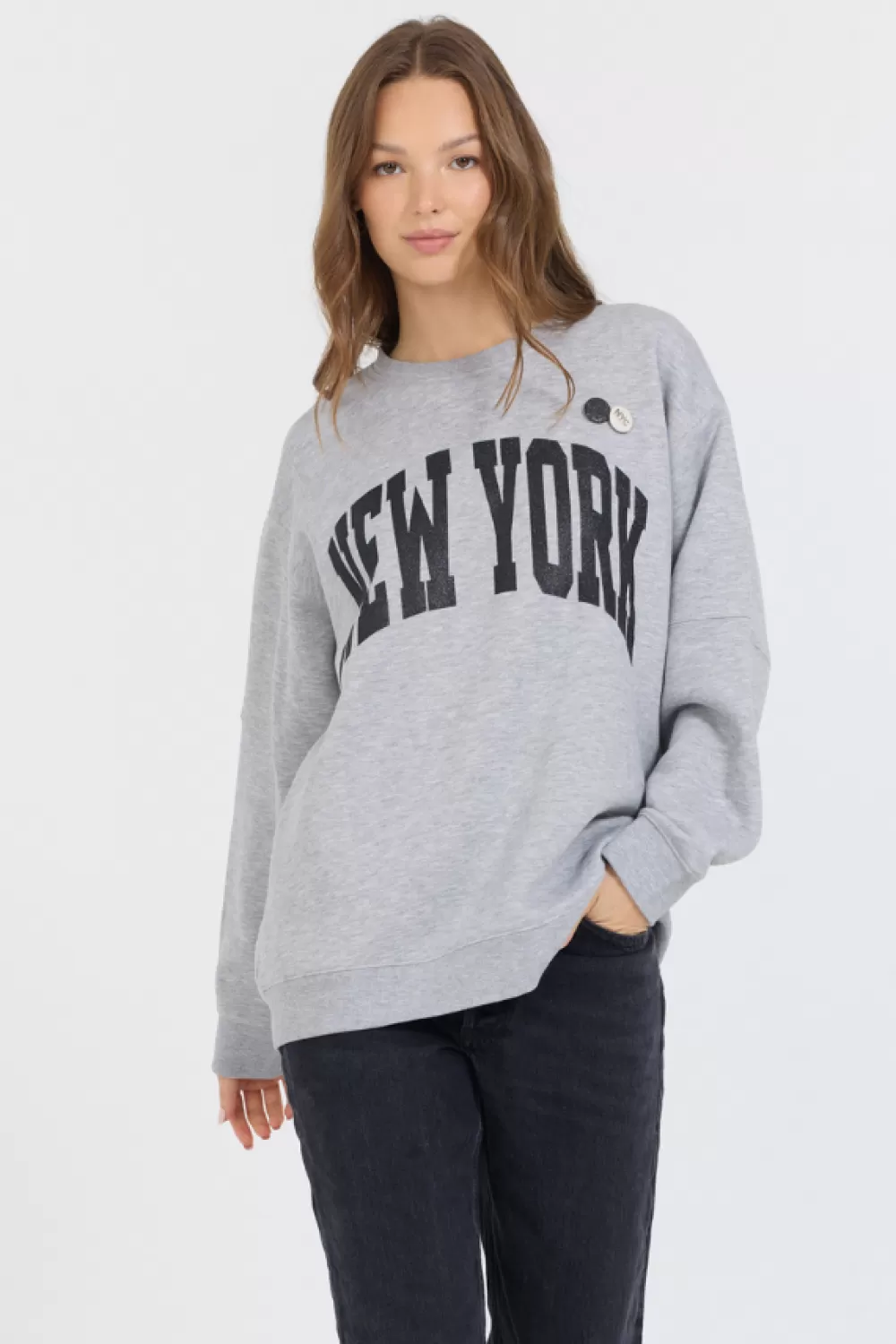 Vintage Havana Heather Grey W/ Black Garment Dye Fleece Crew W/ Glitter Print