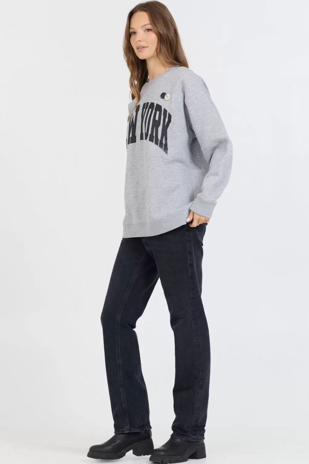 Vintage Havana Heather Grey W/ Black Garment Dye Fleece Crew W/ Glitter Print