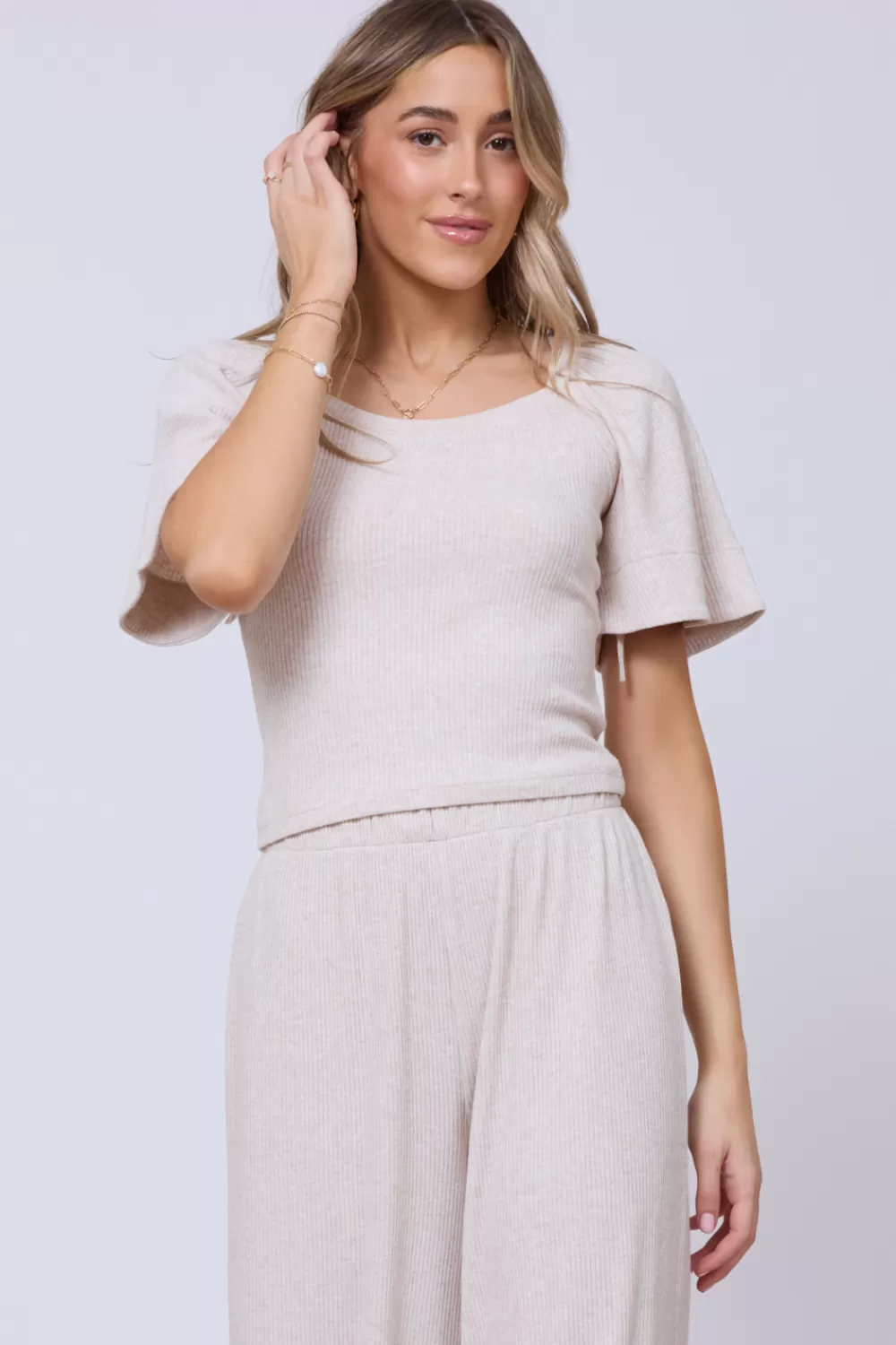 Vintage Havana Heather Oatmeal Drapey Knit Puff Sleeve Top