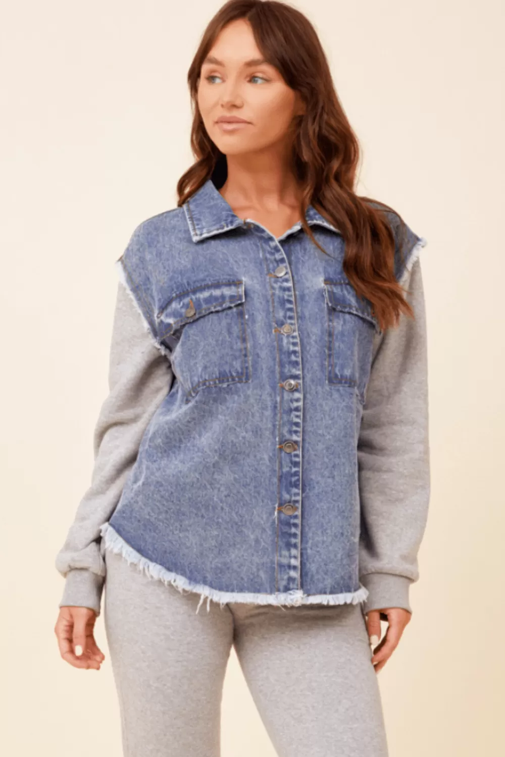Vintage Havana Heathered Grey / Washed Blue Denim Fleece Combo Shacket