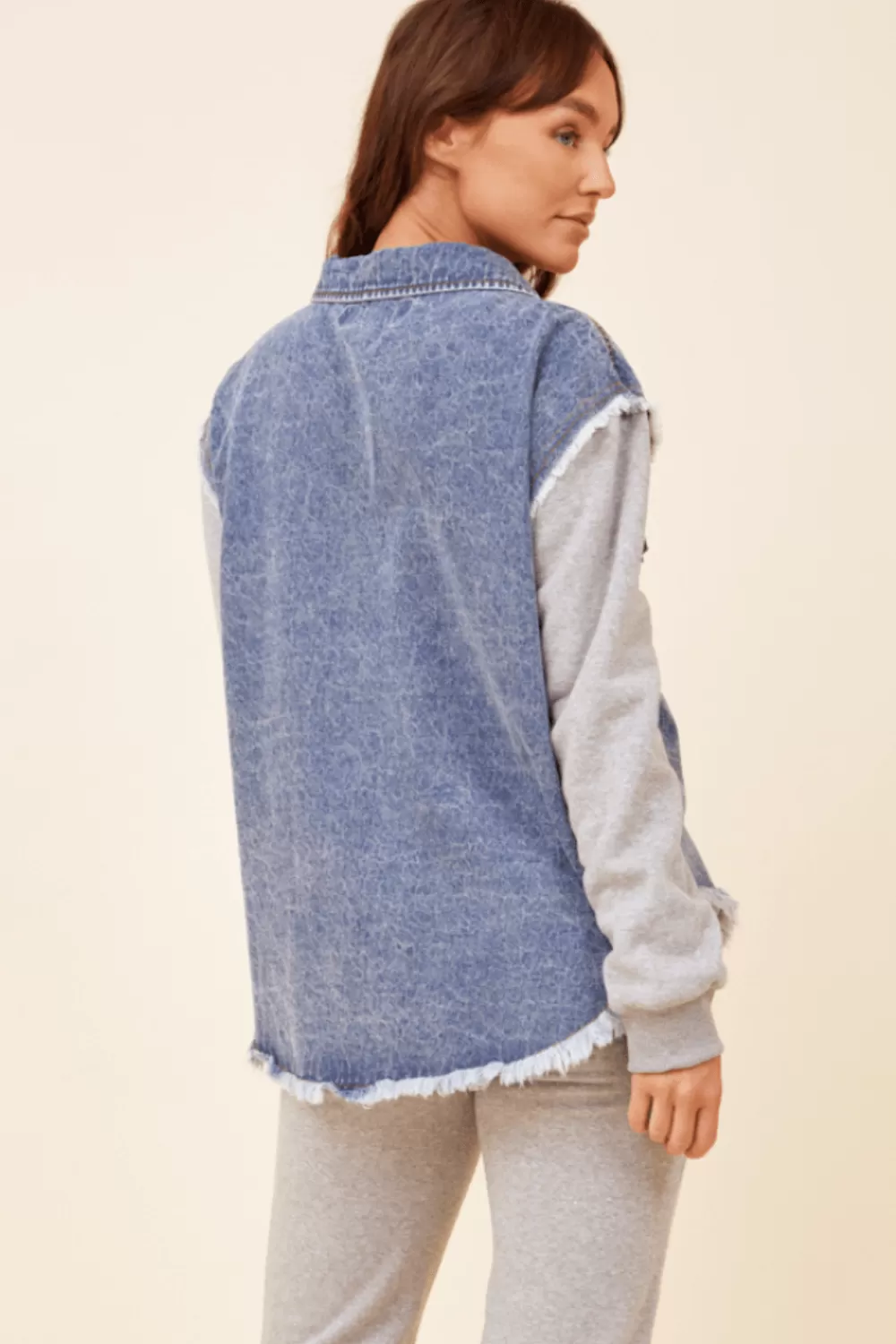 Vintage Havana Heathered Grey / Washed Blue Denim Fleece Combo Shacket