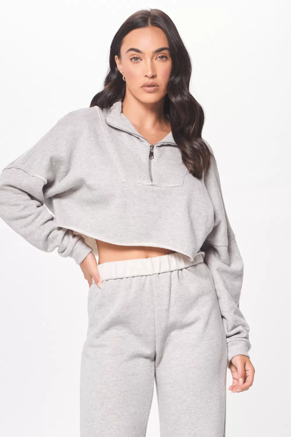 Vintage Havana Hunter Grey Fleece Quarter Zip W/ Raw Edge