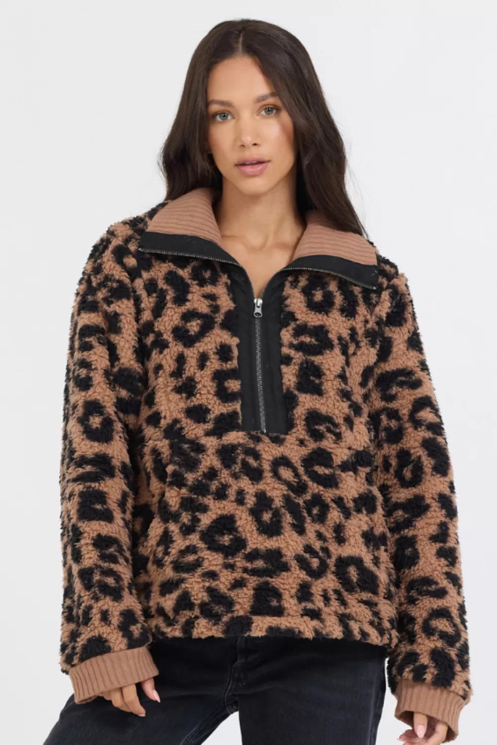 Vintage Havana Leopard Print Sherpa Quarter Zip