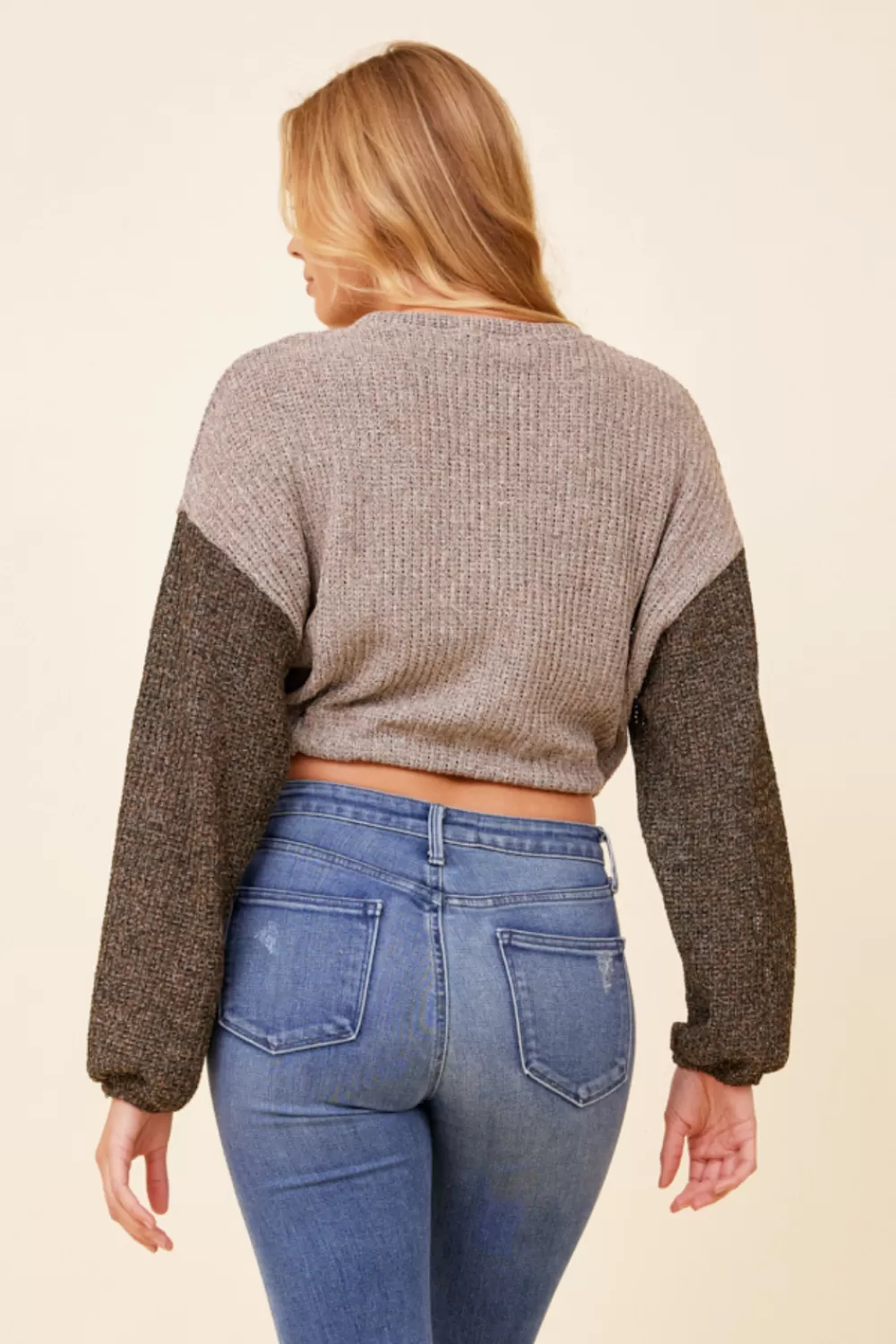 Vintage Havana Light Grey W/ Charcoal Tie Front Color Block Sweater