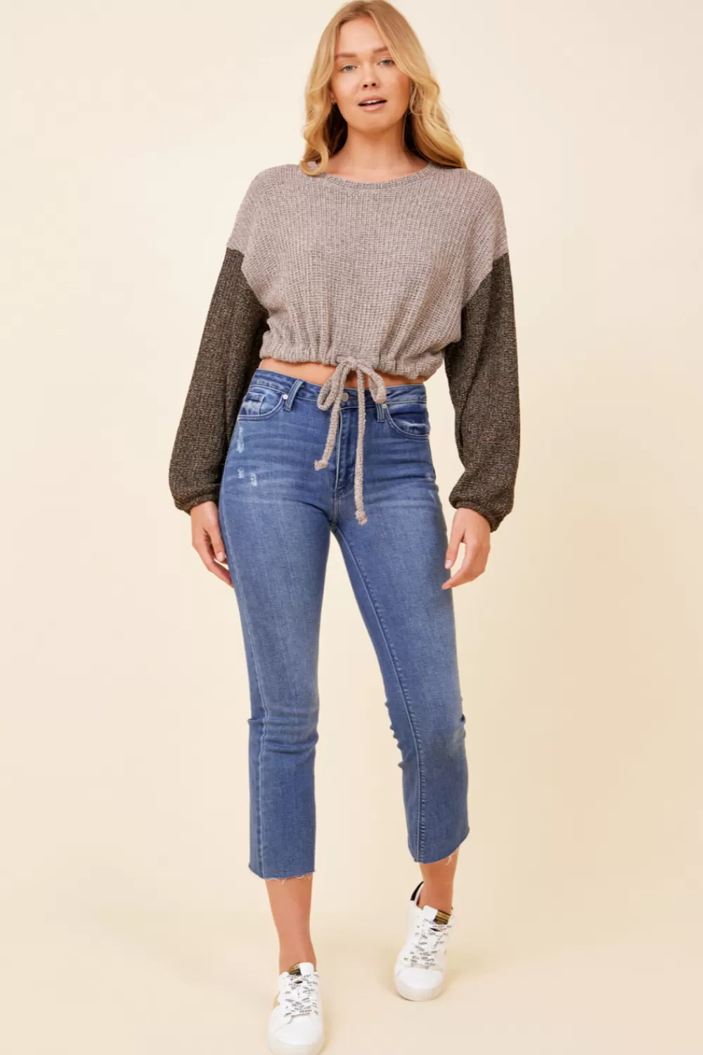 Vintage Havana Light Grey W/ Charcoal Tie Front Color Block Sweater