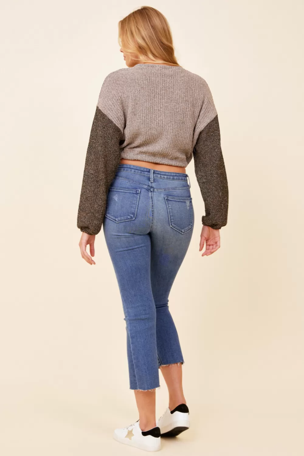 Vintage Havana Light Grey W/ Charcoal Tie Front Color Block Sweater