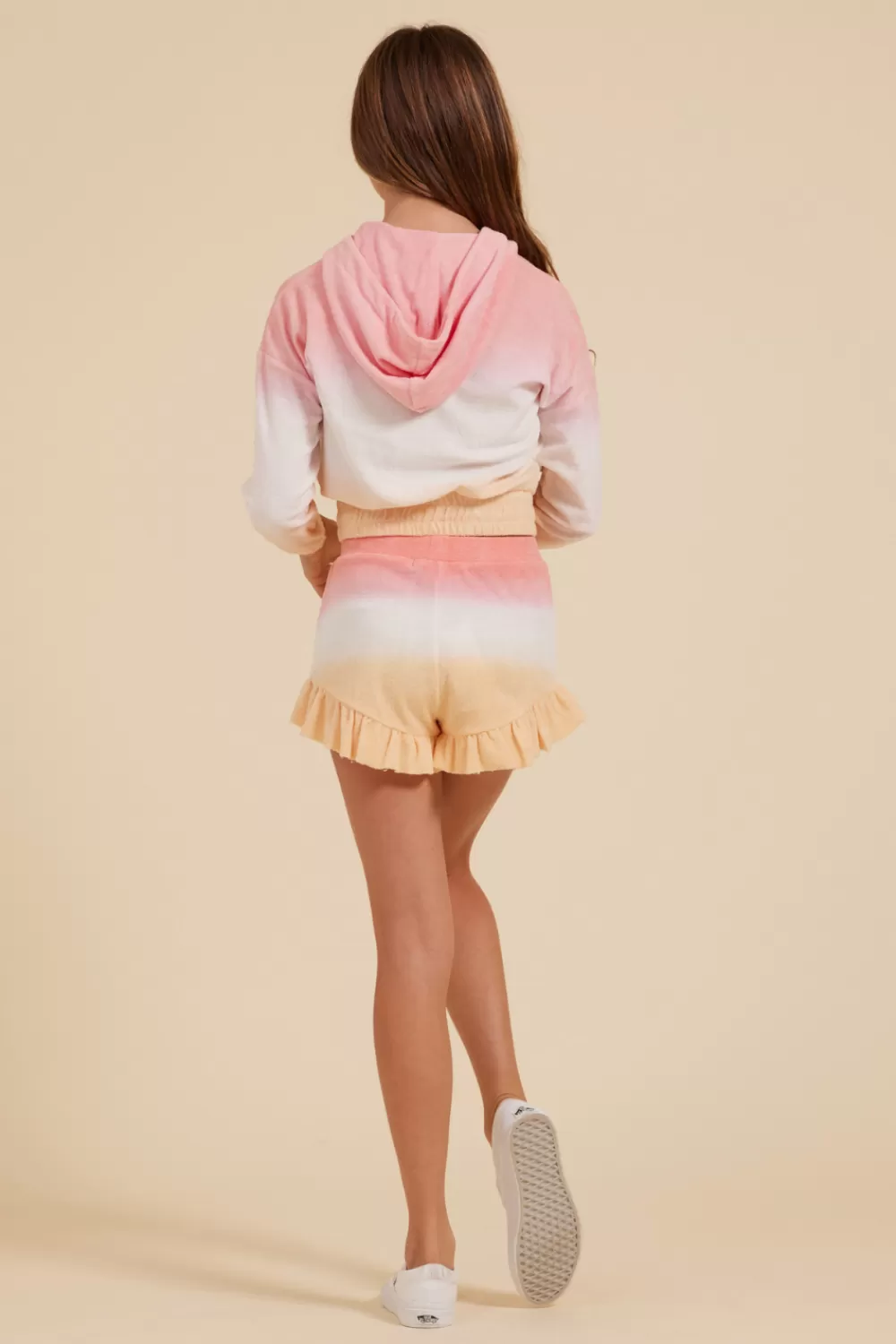 Kids Vintage Havana Pink/White/Orange Tie Dye Terry Cloth Elastic Waist Ruffle Short