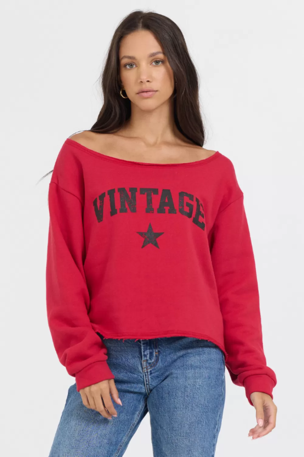 Vintage Havana Red Off Shoulder Graphic Top