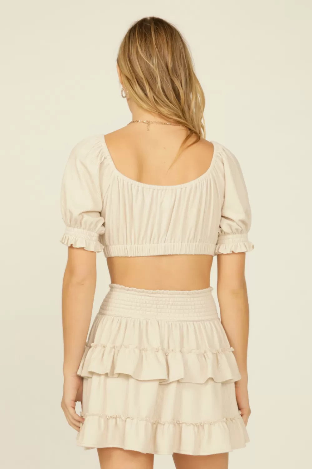 Vintage Havana Sand Rib Knit Tie Front Balloon Sleeve Crop Top