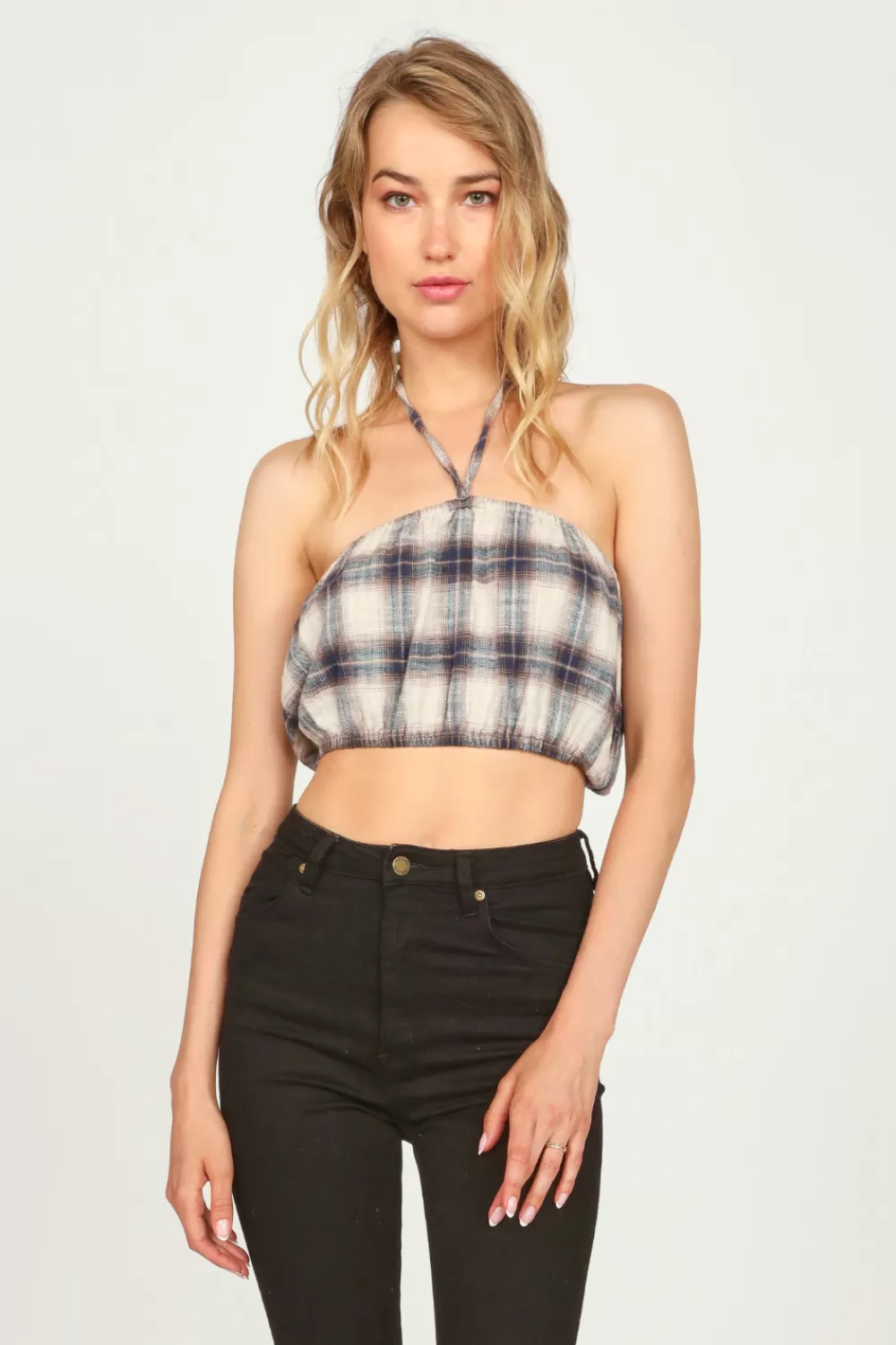 Vintage Havana Sand/Navy Plaid Flannel Halter Bandeau