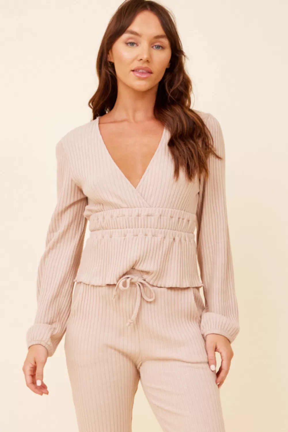 Vintage Havana Taupe Surplice Ribbed Long Sleeve Top