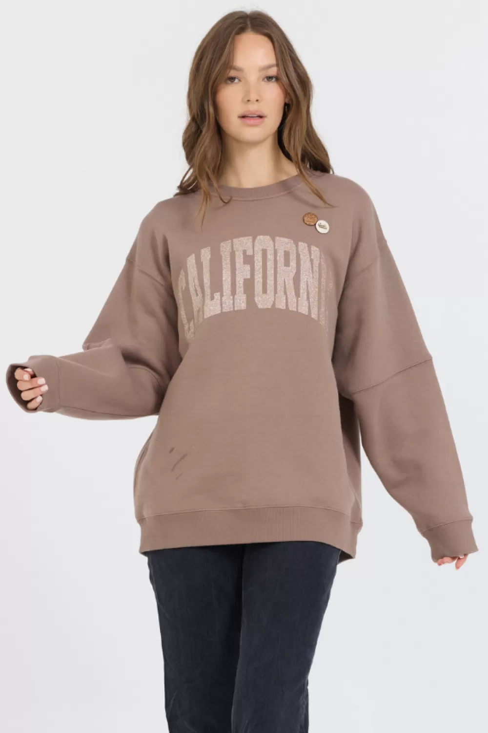 Vintage Havana Taupe W/ Rose Gold Garment Dye Fleece Crew W/ Glitter Print