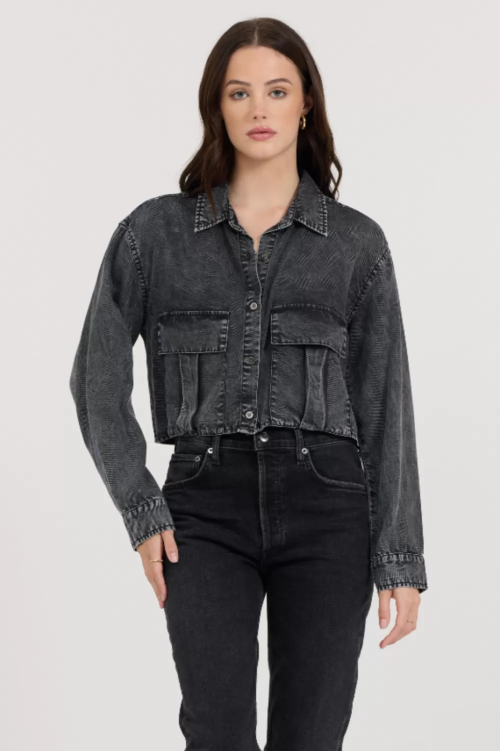 Vintage Havana Washed Black Cropped Pocket Detail Shirt
