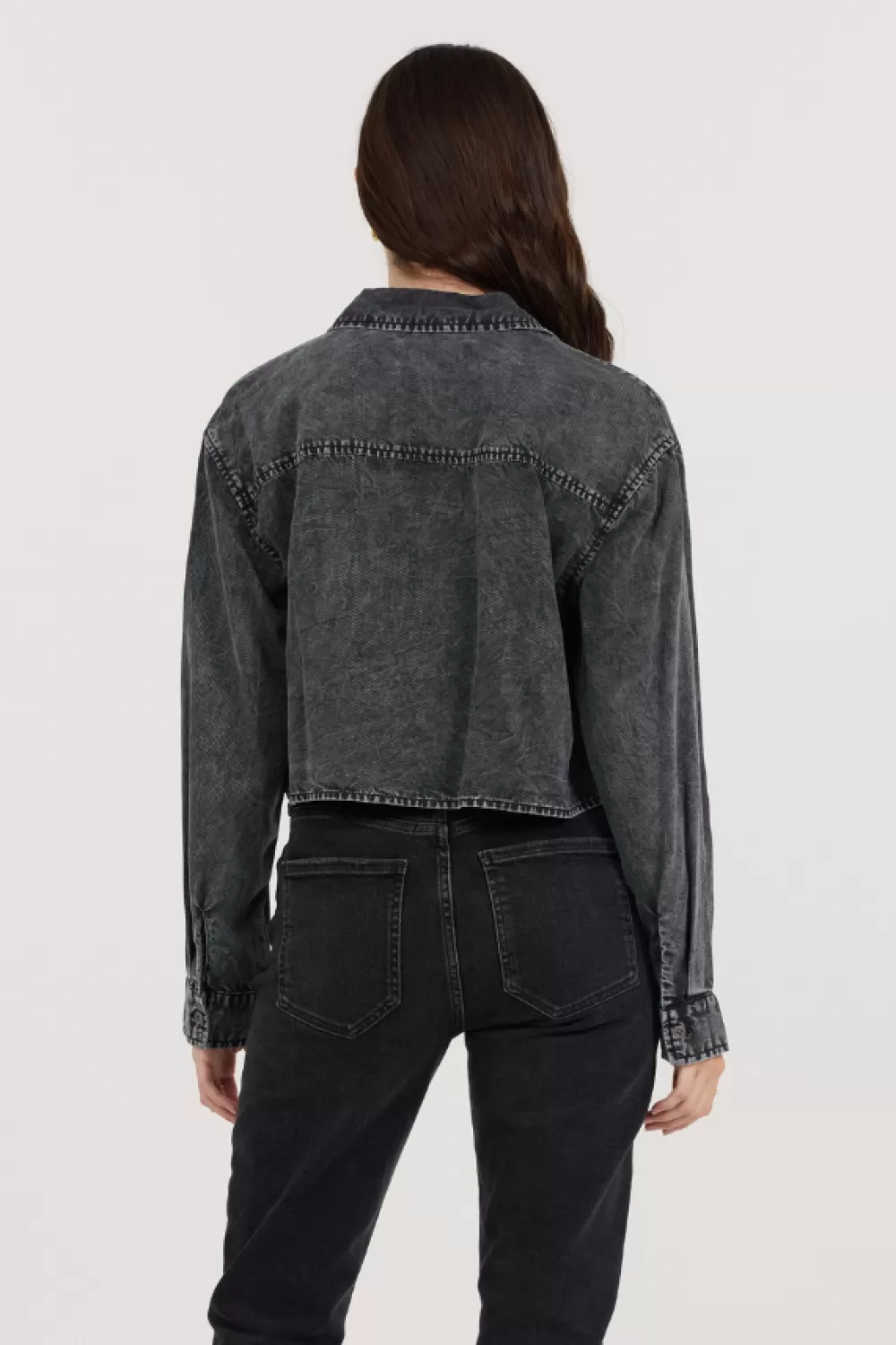 Vintage Havana Washed Black Cropped Pocket Detail Shirt