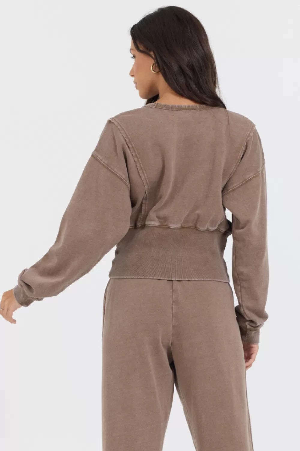 Vintage Havana Washed Mocha Garment Dye French Terry Corset Crew