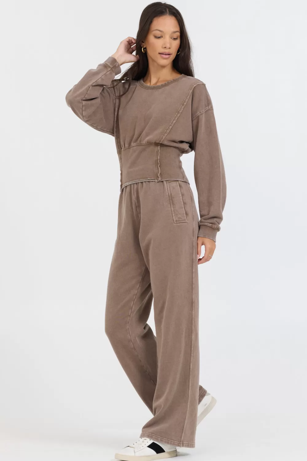 Vintage Havana Washed Mocha Garment Dye French Terry Corset Crew