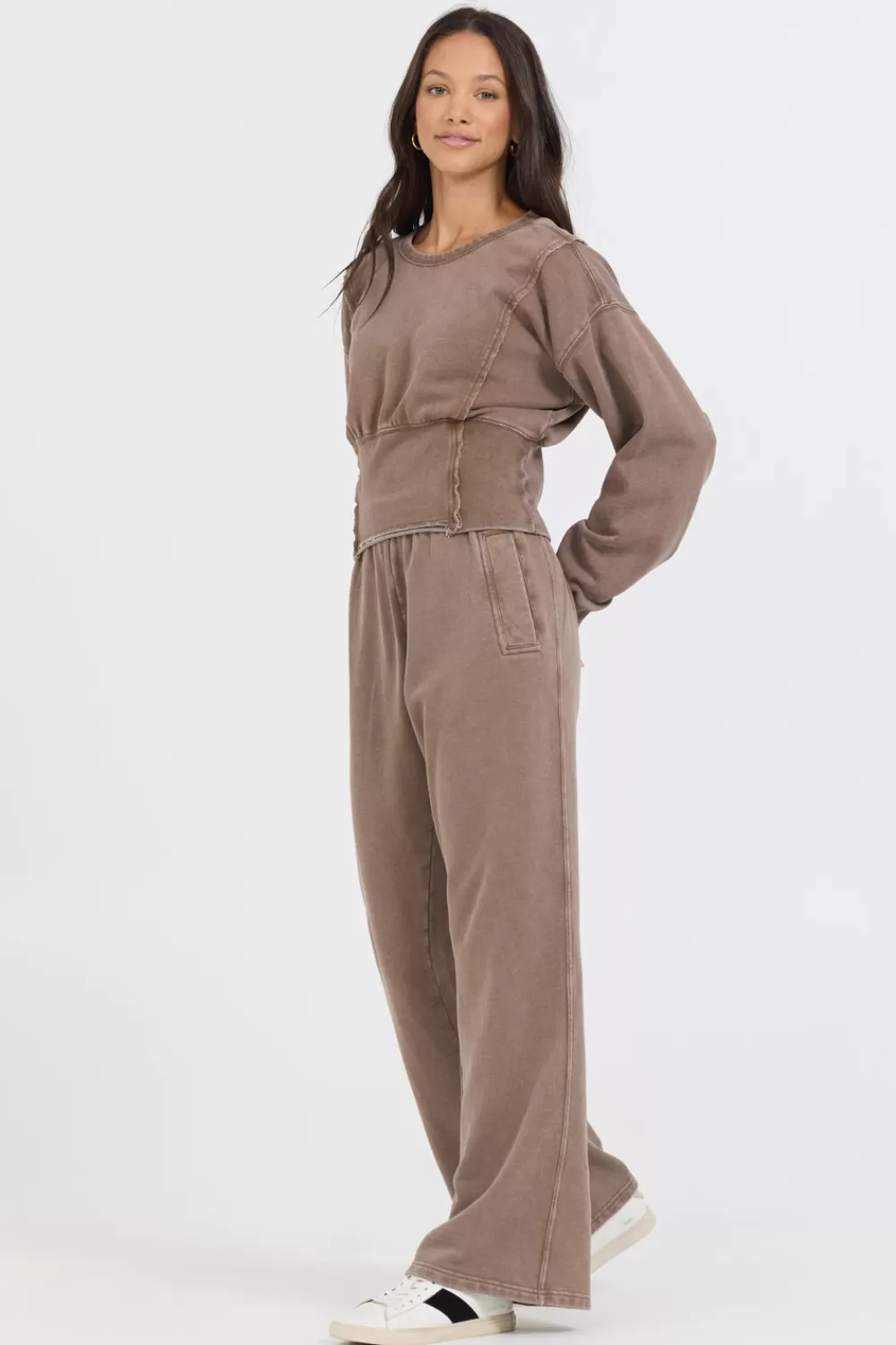 Vintage Havana Washed Mocha Garment Dye French Terry Corset Crew